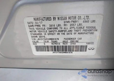 2017 Infiniti Q50 2.0T Base z USA, uszkodzony, nr VIN JN1CV7AR2HM681676